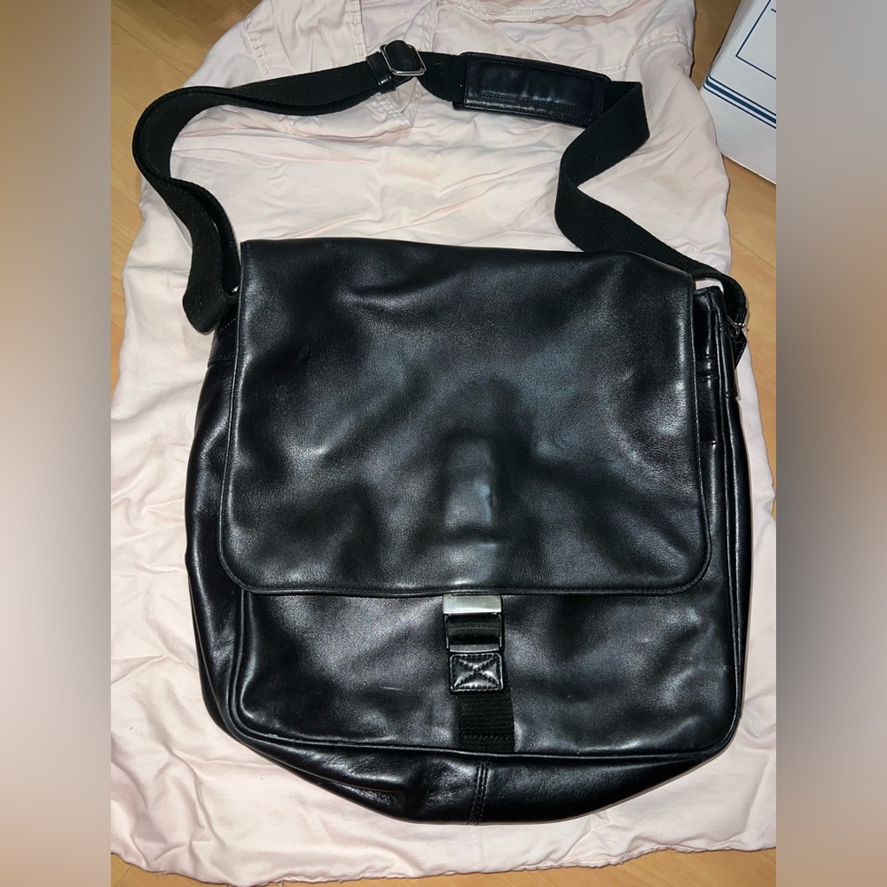 Coach Leather Messenger Bag, Black Leather, canvas strap. thick and sturdy bag